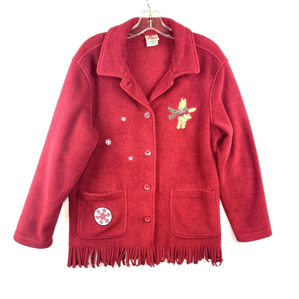 THE DISNEY STORE Jacket Woman Med Red Fleece Embroidered Pooh Bear Snowflake